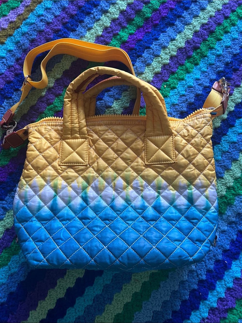 MZ Wallace Yellow Blue Ombre Quilted Crossbody Tote - Picture 5 of 11